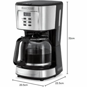 Black and Decker 12 cup programmable drip coffee machine 1.5L glass carafe LCD display silver black