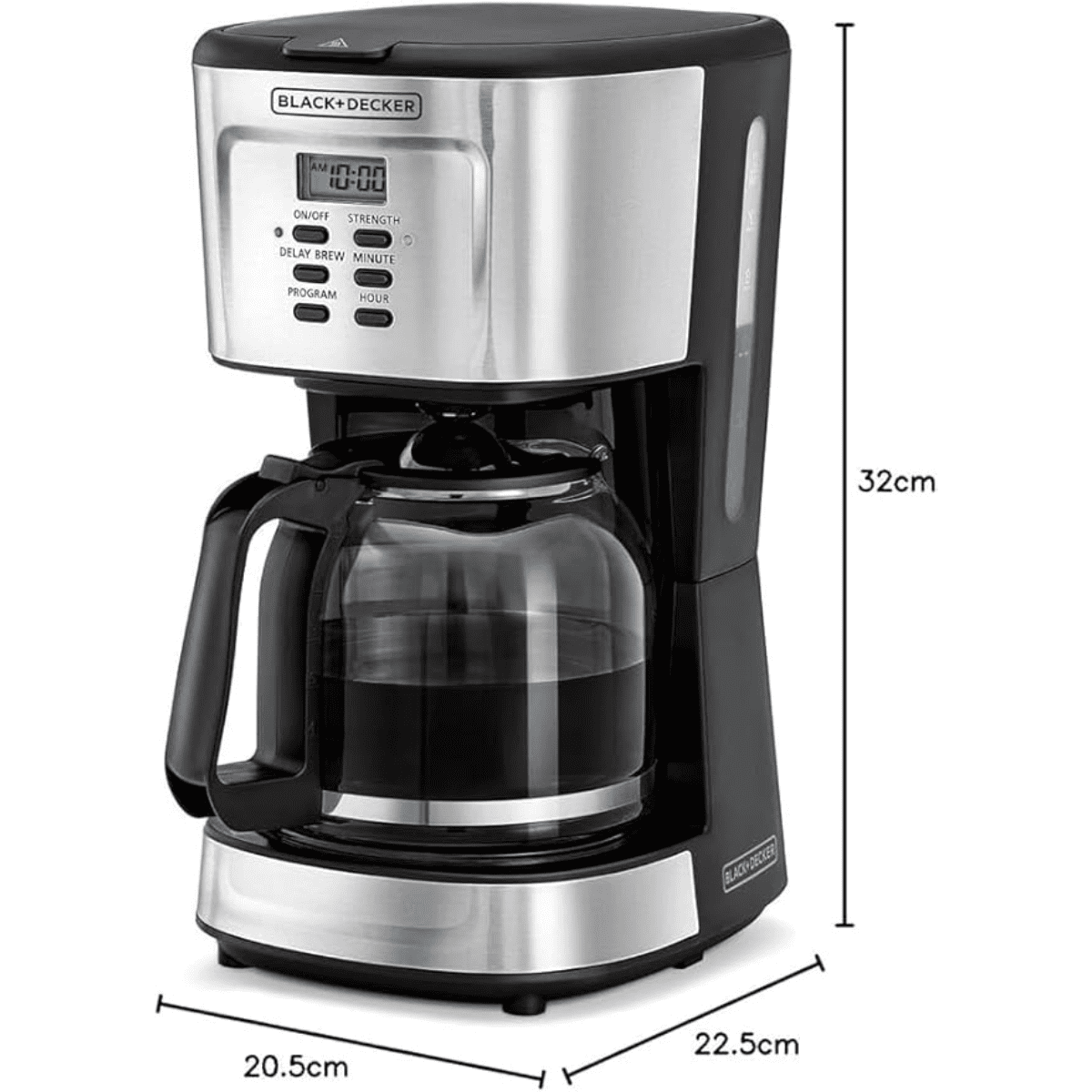 Black and Decker 12 cup programmable drip coffee machine 1.5L glass carafe LCD display silver black