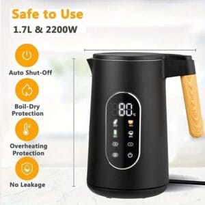 Beauenty electric stainless steel kettle with wooden handle matte black 1.7L LED touch screen