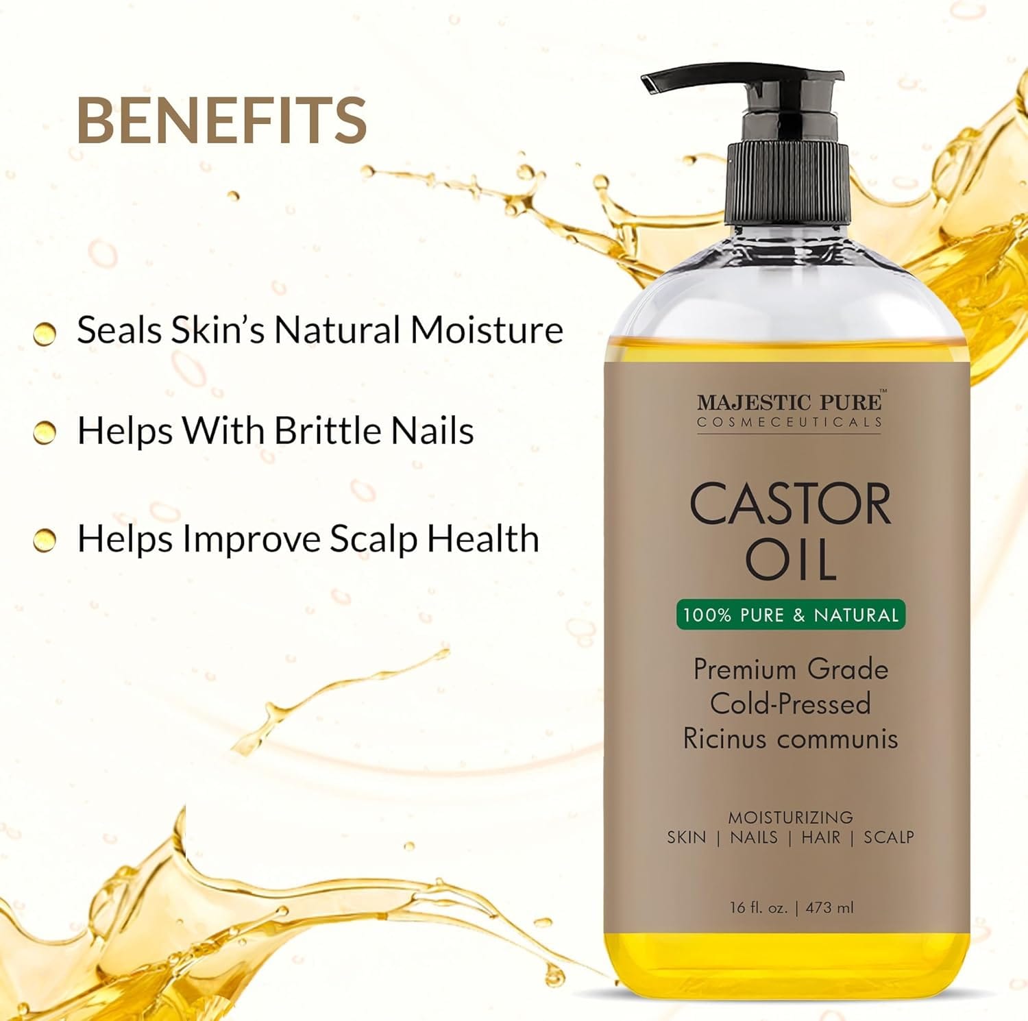 Majestic Pure organic castor oil 473ml cold pressed pump bottle for skin eczema and detox
