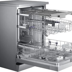 Samsung freestanding dishwasher silver 14 place settings 7 programmes open showing racks