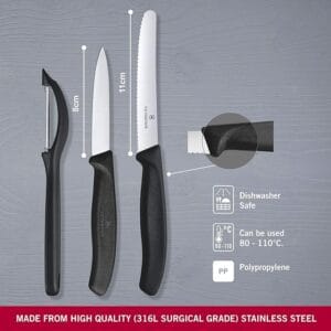 Victorinox 3 piece paring knife and peeler set black handles surgical grade stainless steel